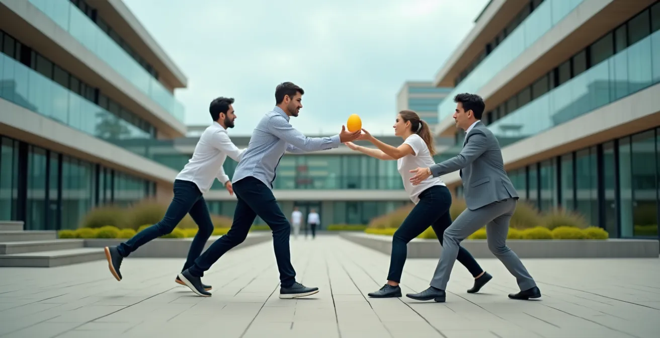 Équipe d'adultes en tenue décontractée passant une cuillère avec œuf lors d'un team building en extérieur