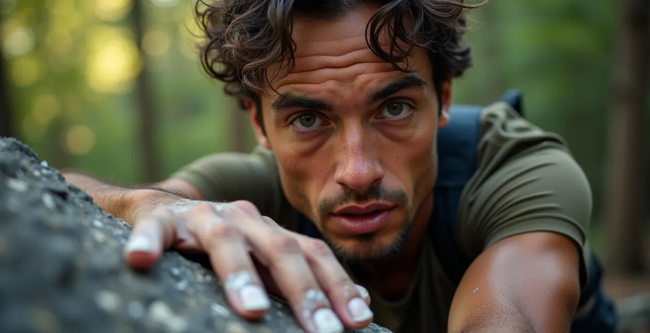 Grimpeur en concentration absolue sur un bloc de grès à Fontainebleau, mains et pieds précisément positionnés