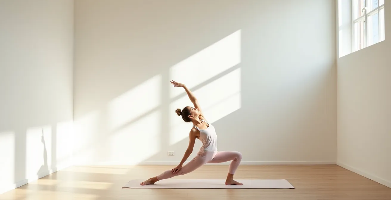 Vue large d'une personne en posture d'étirement dans un espace épuré et lumineux
