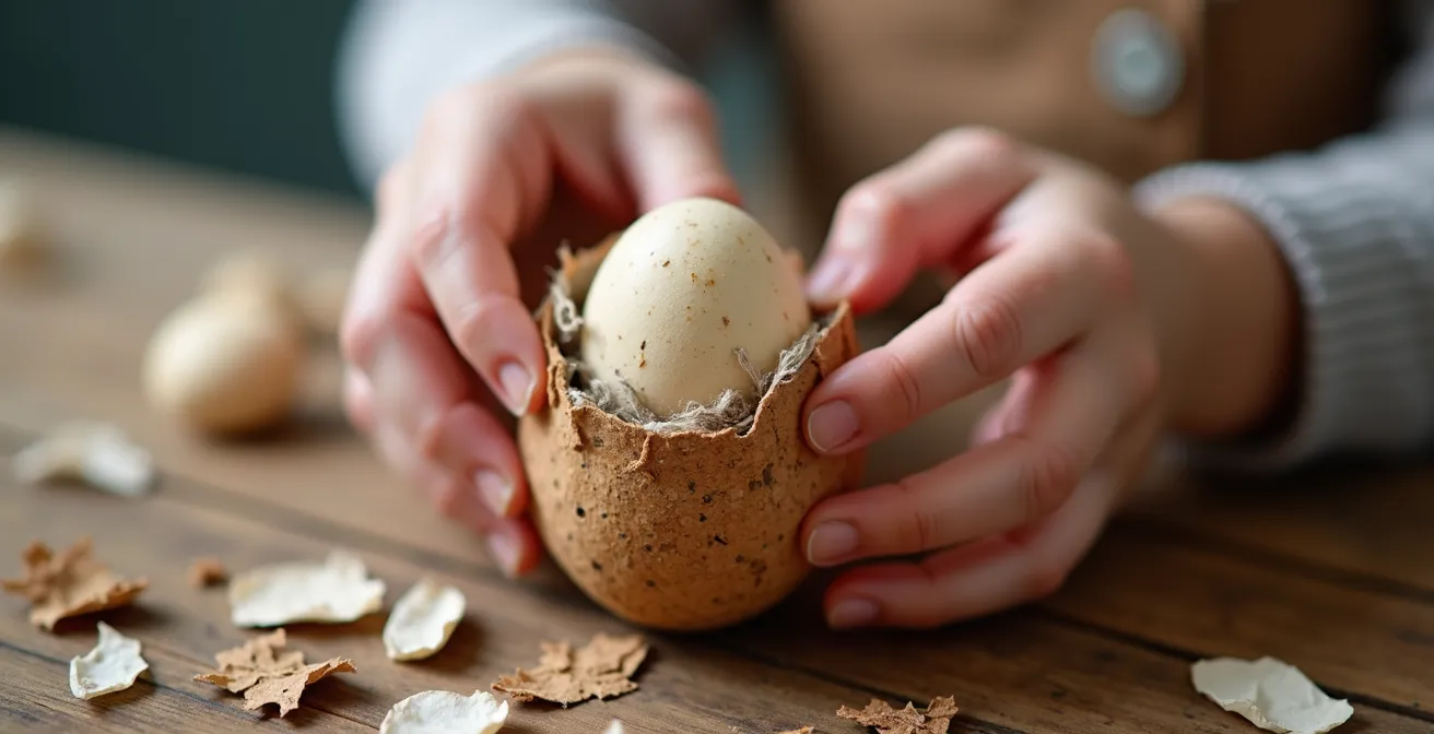 Mains d'enfant assemblant un œuf factice avec des matériaux de récupération sur une table en bois