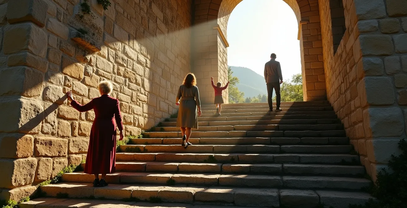 Famille de trois générations explorant ensemble un château français historique