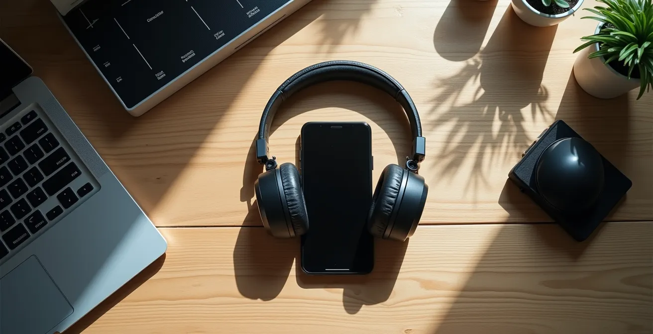 Bureau épuré avec casque antibruit et smartphone retourné, atmosphère de concentration profonde