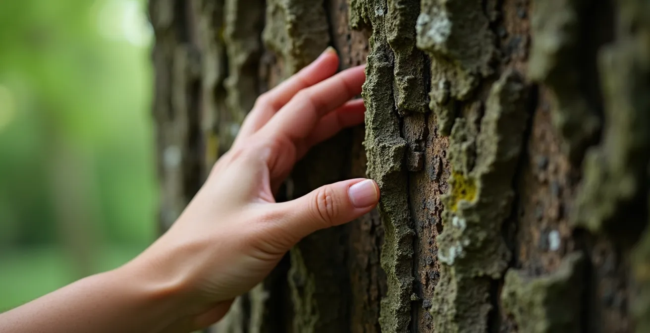 Détail en macro d'une main touchant délicatement l'écorce crevassée d'un vieux chêne