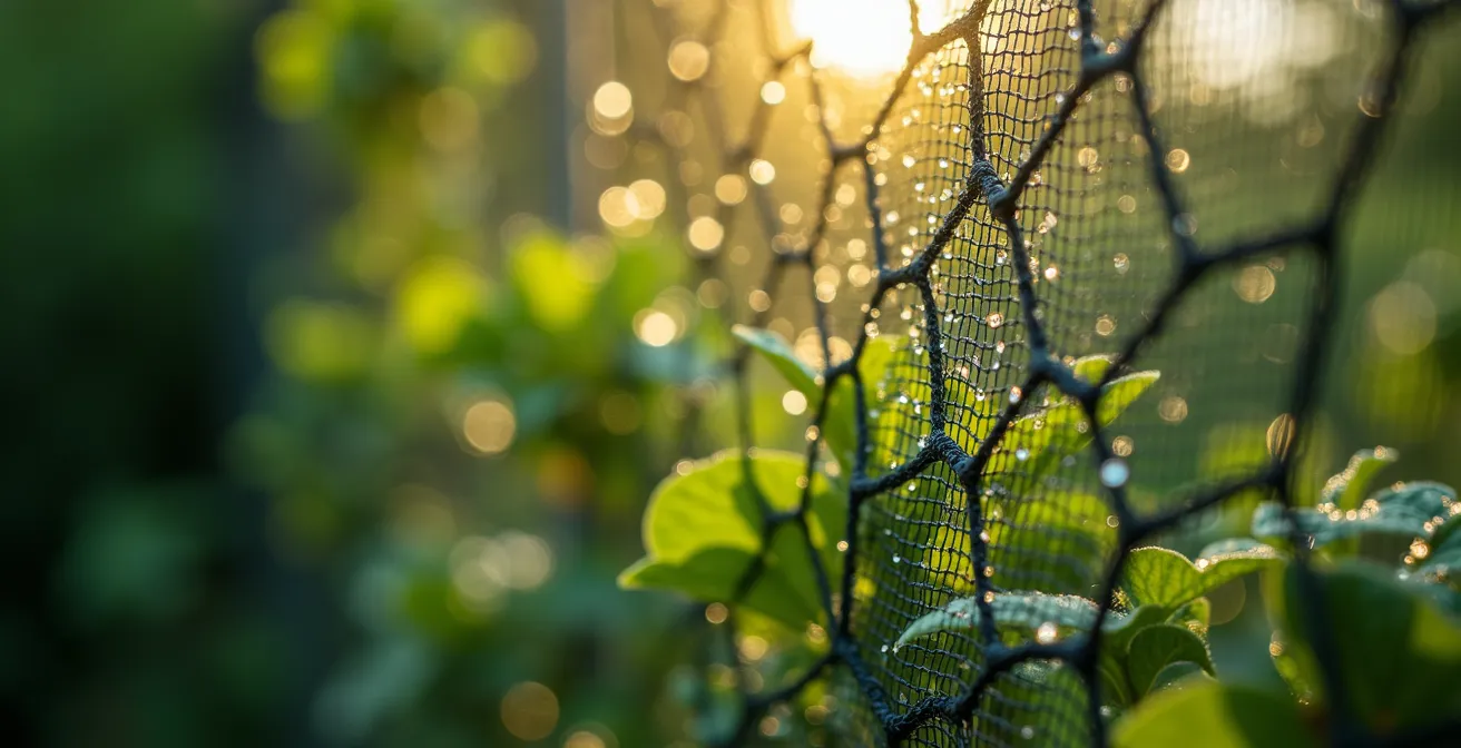 Filet pare-ballon noir discret intégré dans la végétation d'un jardin