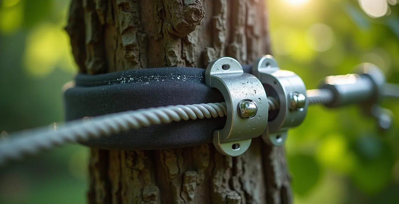 Installation sécurisée d'une tyrolienne avec protection d'arbre et serre-câbles