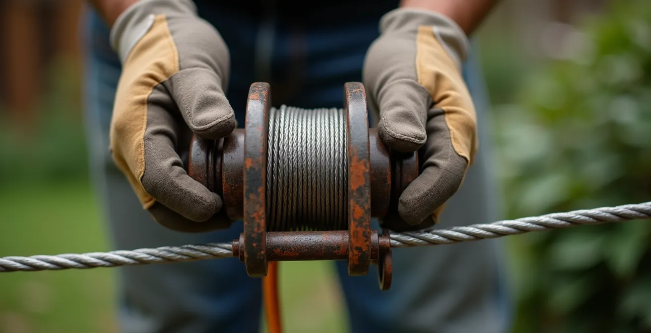 Gros plan sur l'utilisation d'un tire-fort pour tendre le câble d'une tyrolienne
