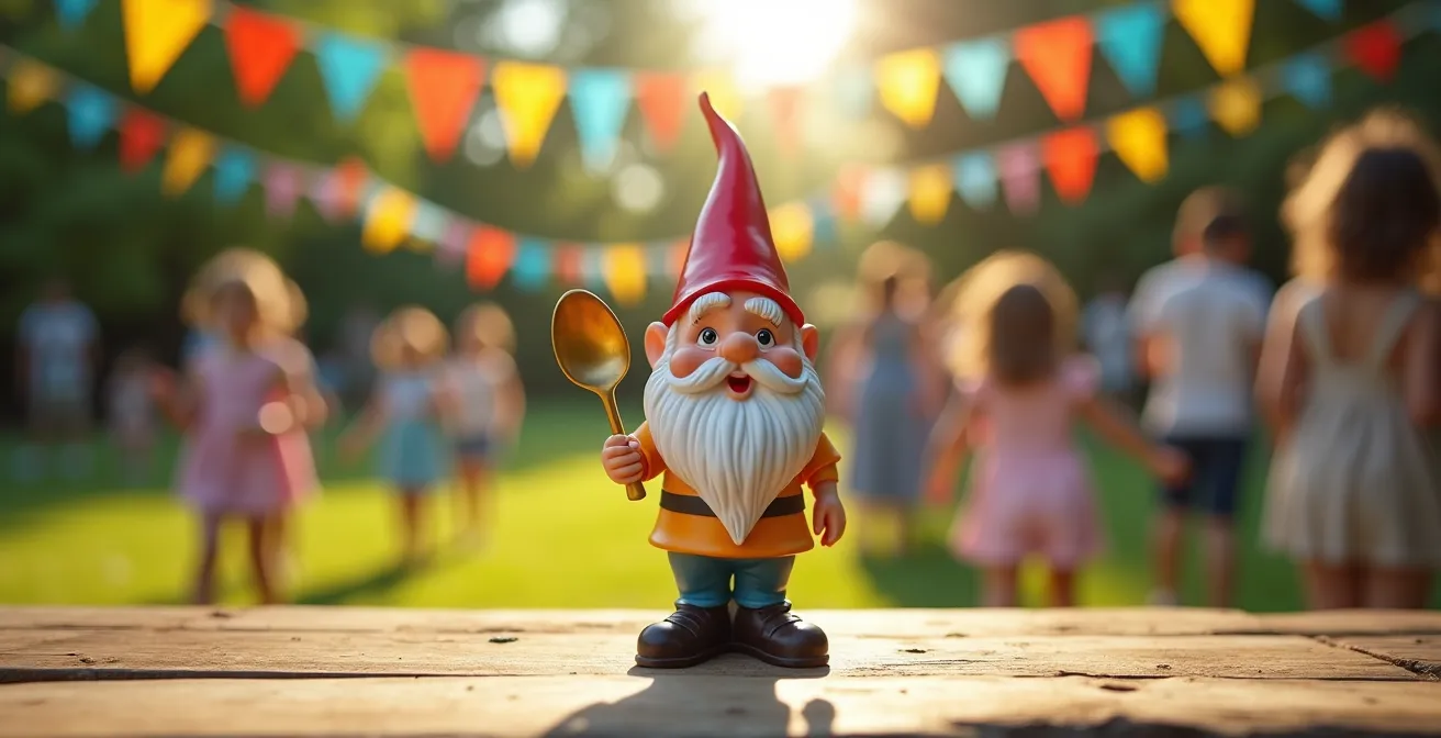 Jardin français avec zones de jeux colorées et trophée original fait maison posé sur une table en bois
