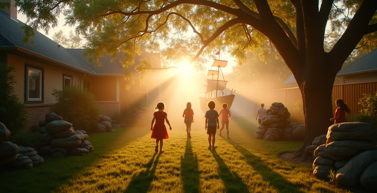 Jardin familial transformé en terrain d'aventure avec décors artisanaux et ambiance mystérieuse