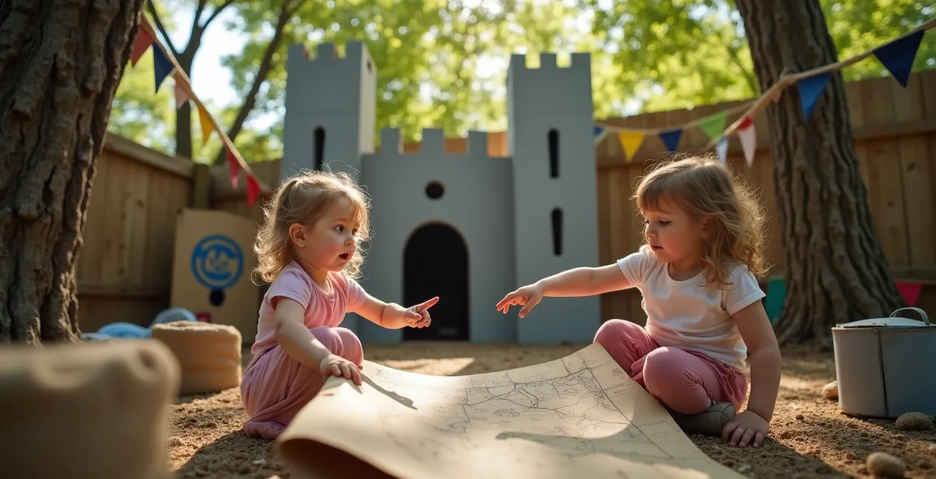 Jardin familial métamorphosé en terrain d'aventure avec décors faits maison