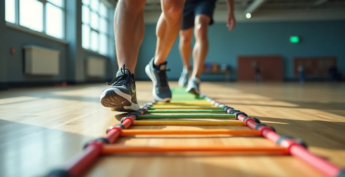 Athlète exécutant des mouvements de pieds rapides sur une échelle d'agilité au sol
