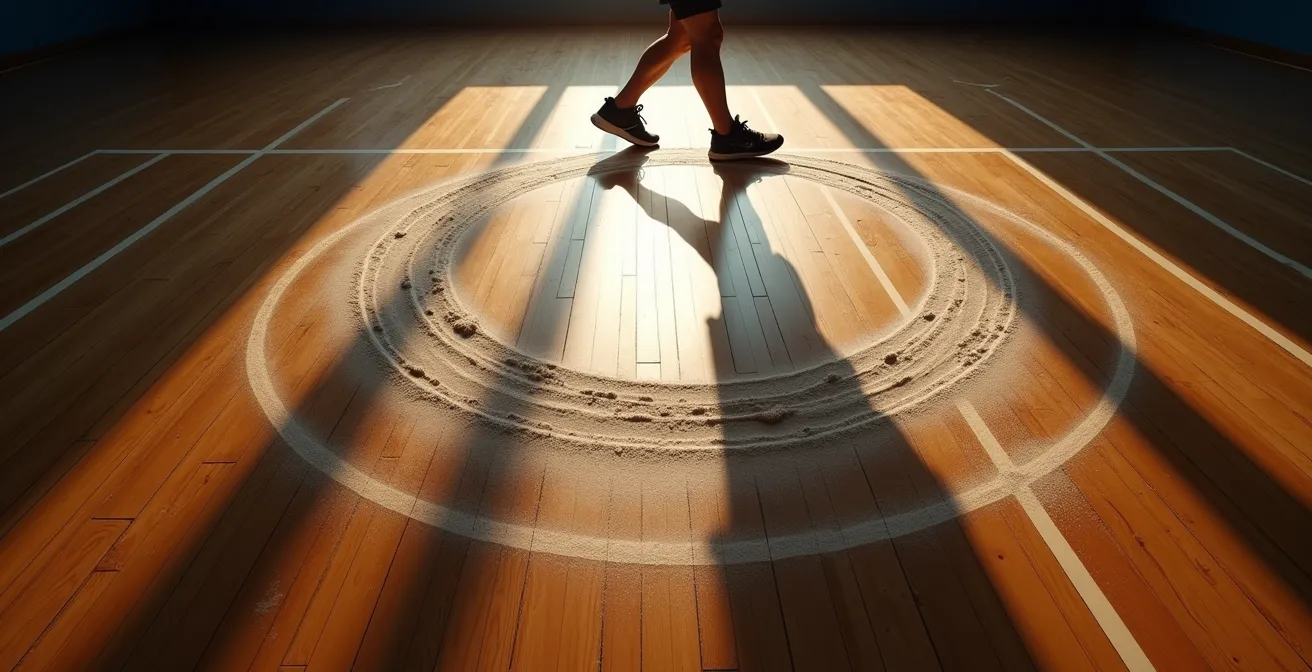 Démonstration du jeu de jambes de boxeur avec traces de mouvement au sol