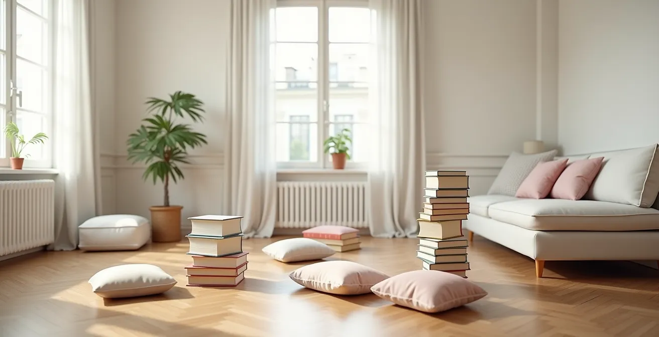 Parcours d'équilibre improvisé dans un salon français avec coussins et objets du quotidien