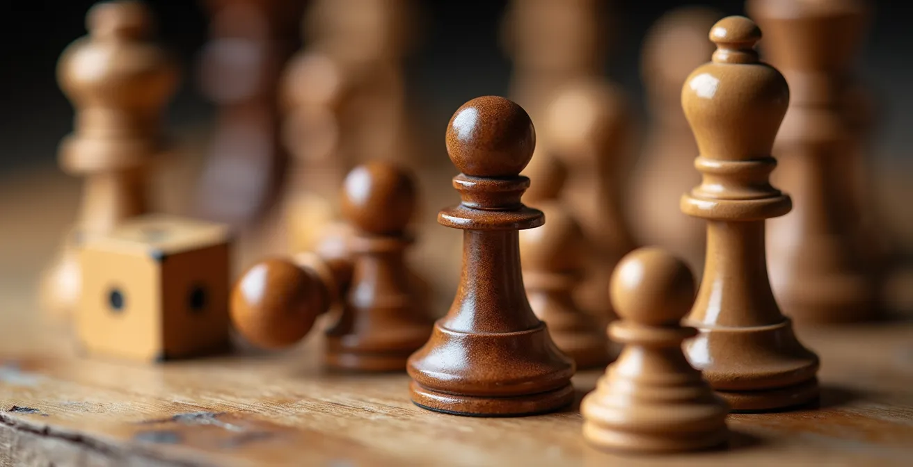 Vue macro sur des pièces de jeux de société en bois avec des textures naturelles et des ombres douces