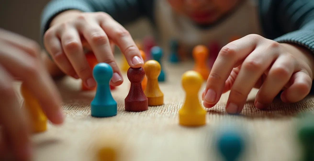 Vue macro de mains d'enfants manipulant des jetons de jeu traditionnels