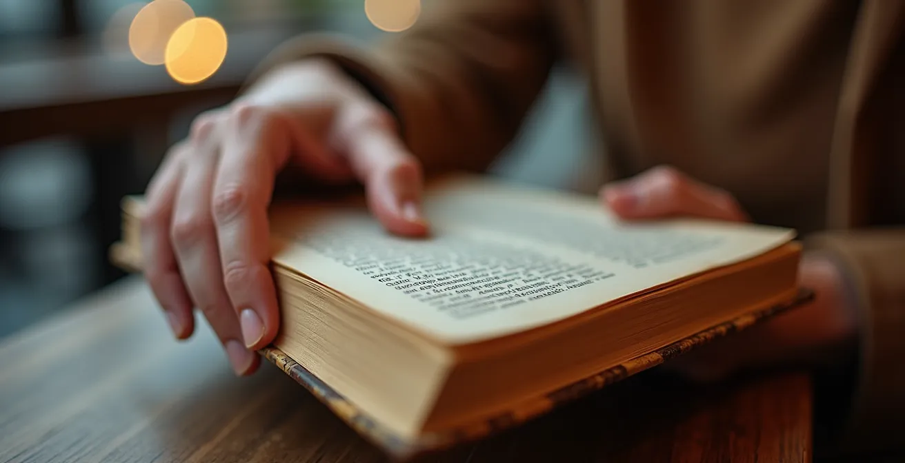 Personne lisant paisiblement dans un café, lumière naturelle douce, atmosphère contemplative