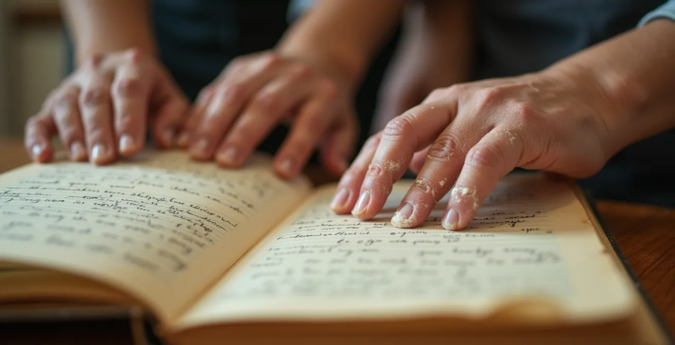 Mains de trois générations tournant ensemble les pages d'un carnet de recettes manuscrit