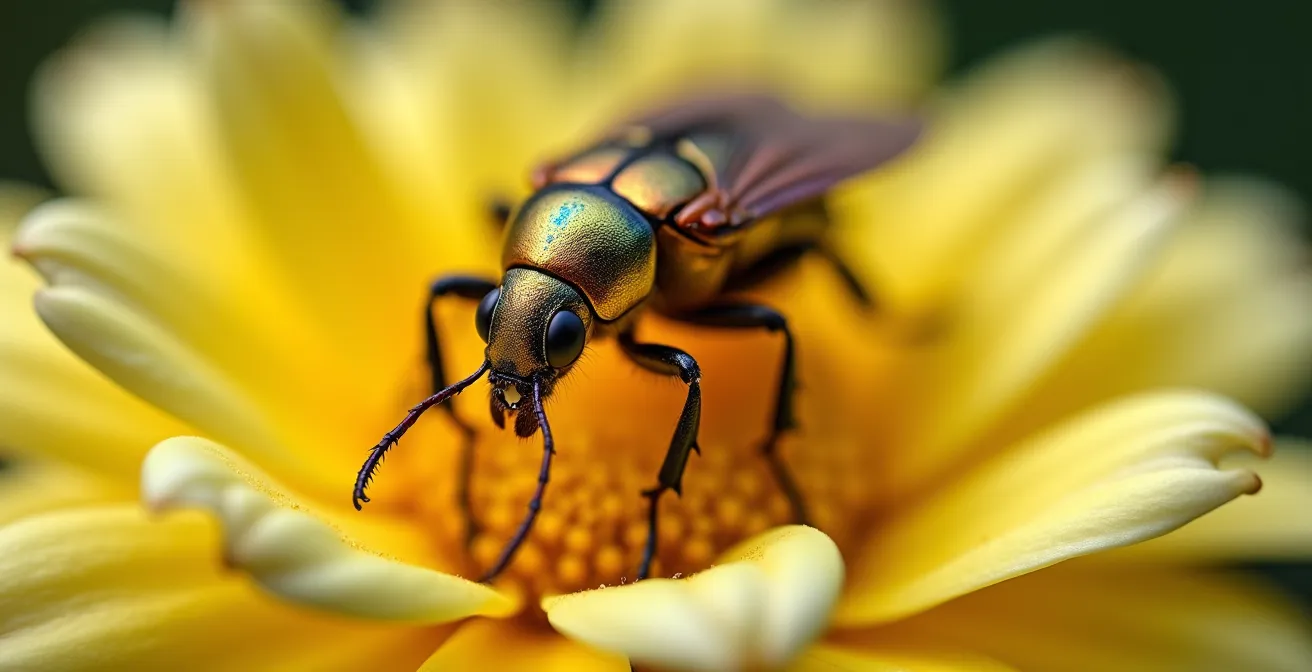 Vue macro détaillée d'une cétoine dorée sur une fleur de jardin français