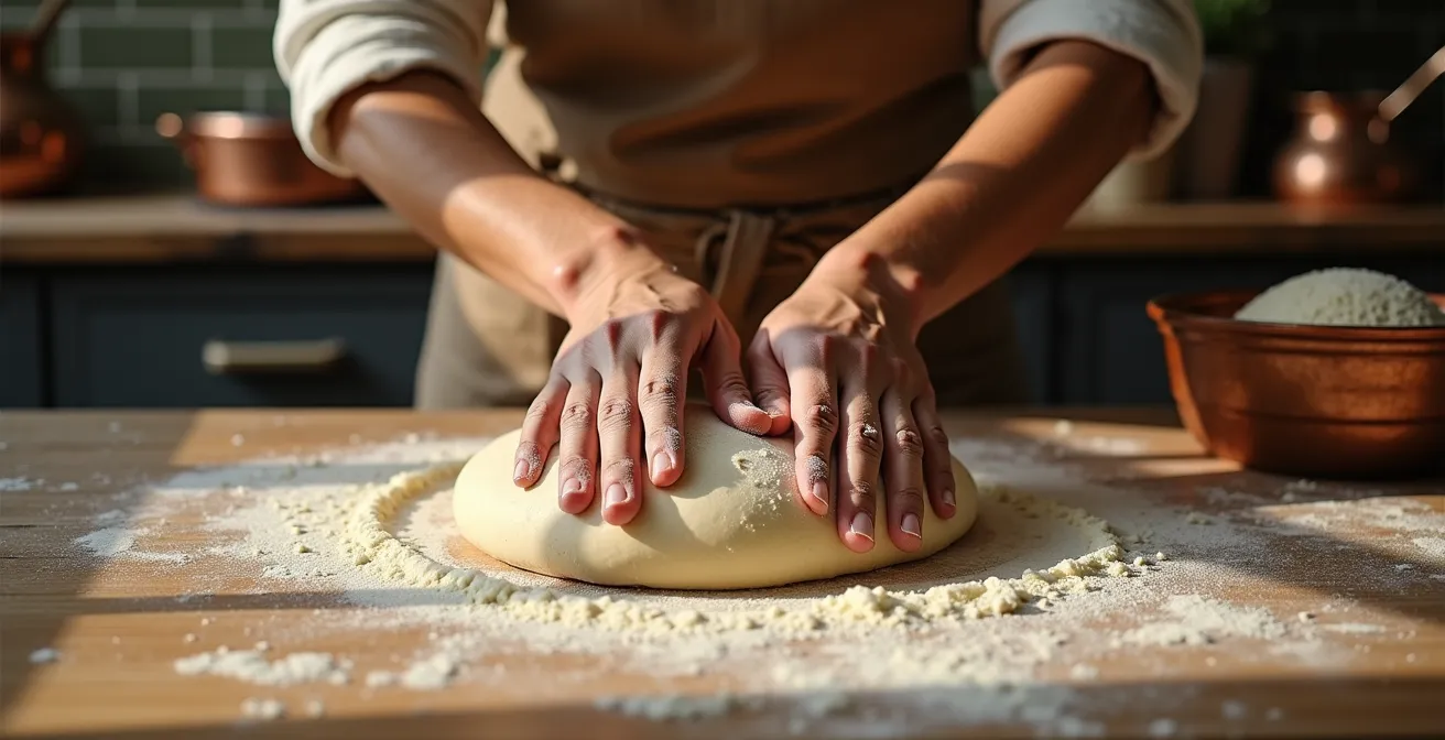 Mains pétrissant de la pâte à pain dans une cuisine française traditionnelle