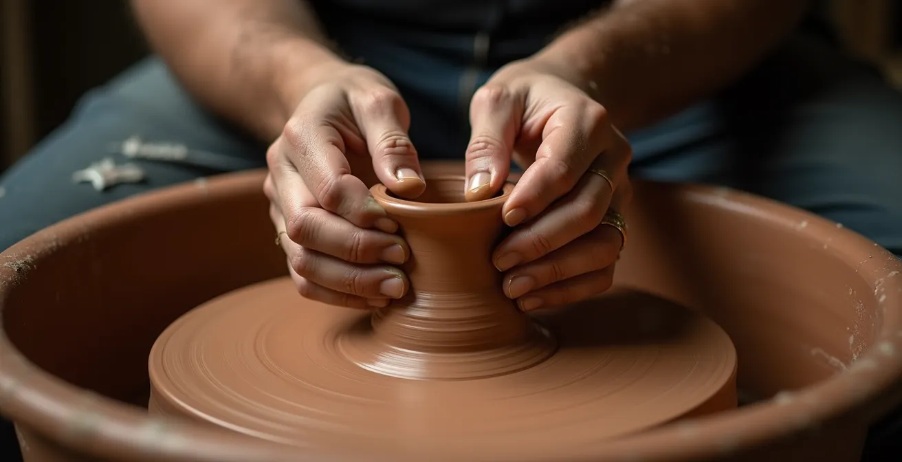 Mains travaillant l'argile sur un tour de potier, geste précis et concentré