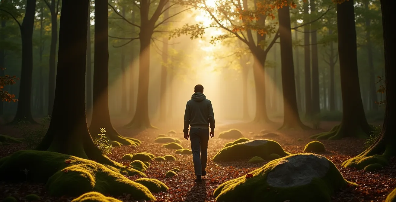 Personne marchant seule dans une forêt française baignée de lumière dorée