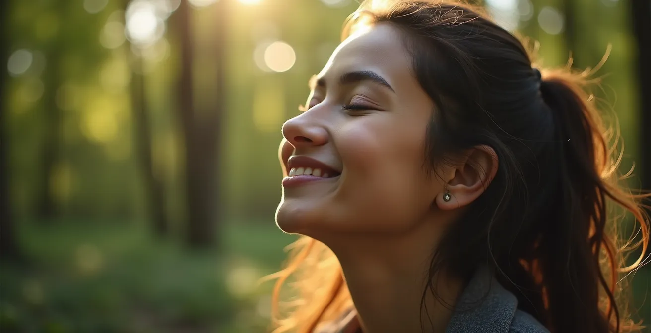 Personne marchant seule sur un sentier forestier baigné de lumière dorée, illustrant la sérénité.
