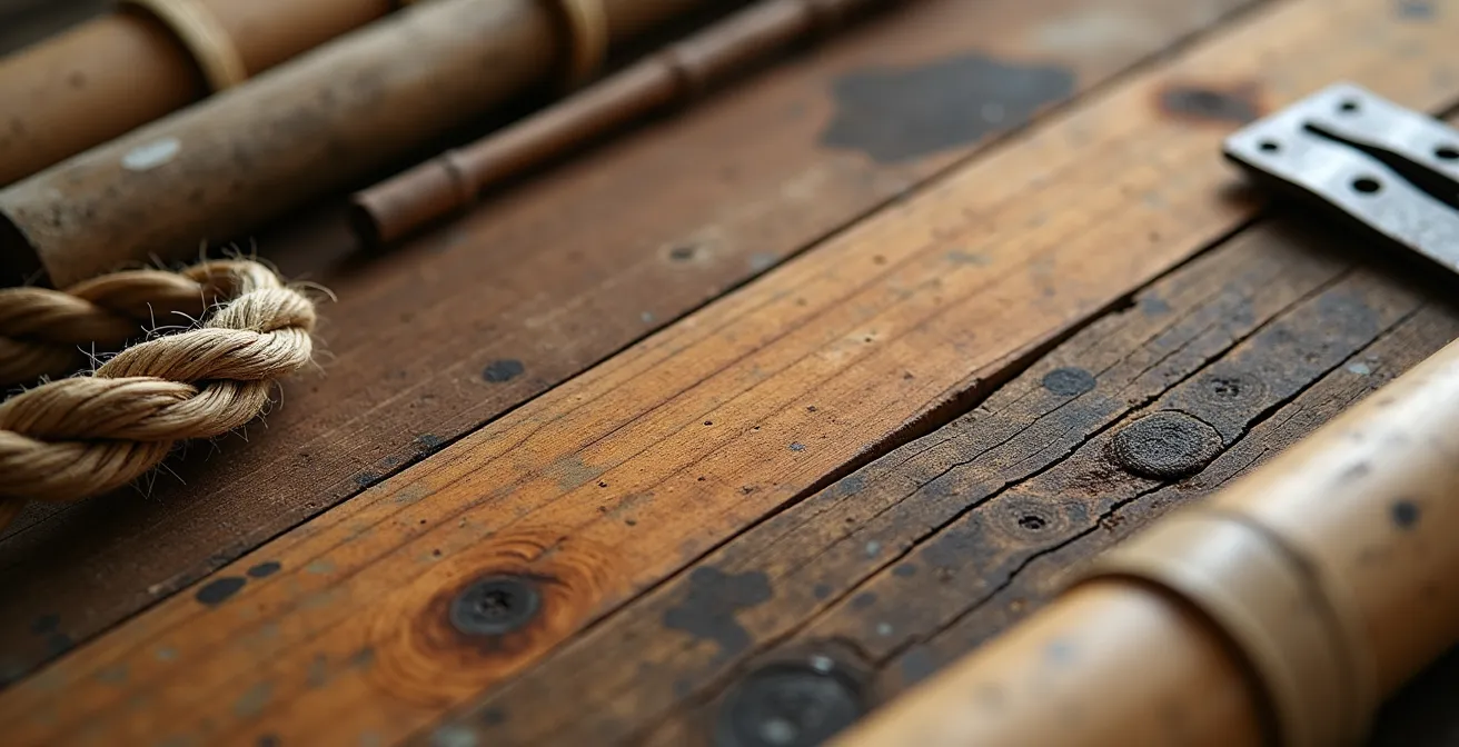 Gros plan sur des matériaux de récupération organisés pour la construction d'une cabane