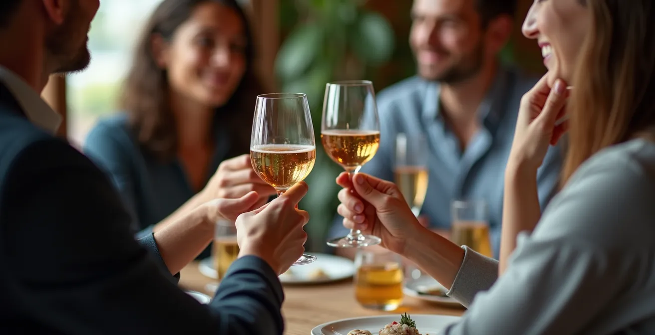 Gros plan sur les mains et postures de personnes en conversation lors d'un apéritif français