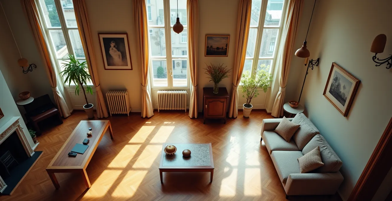 Vue aérienne d'un appartement français typique avec des objets colorés placés à différents endroits stratégiques