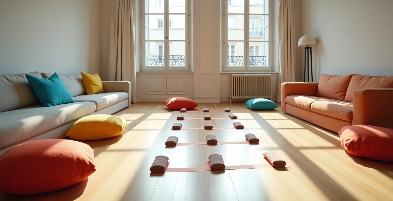 Installation d'un parcours d'agilité fait maison dans un petit espace intérieur