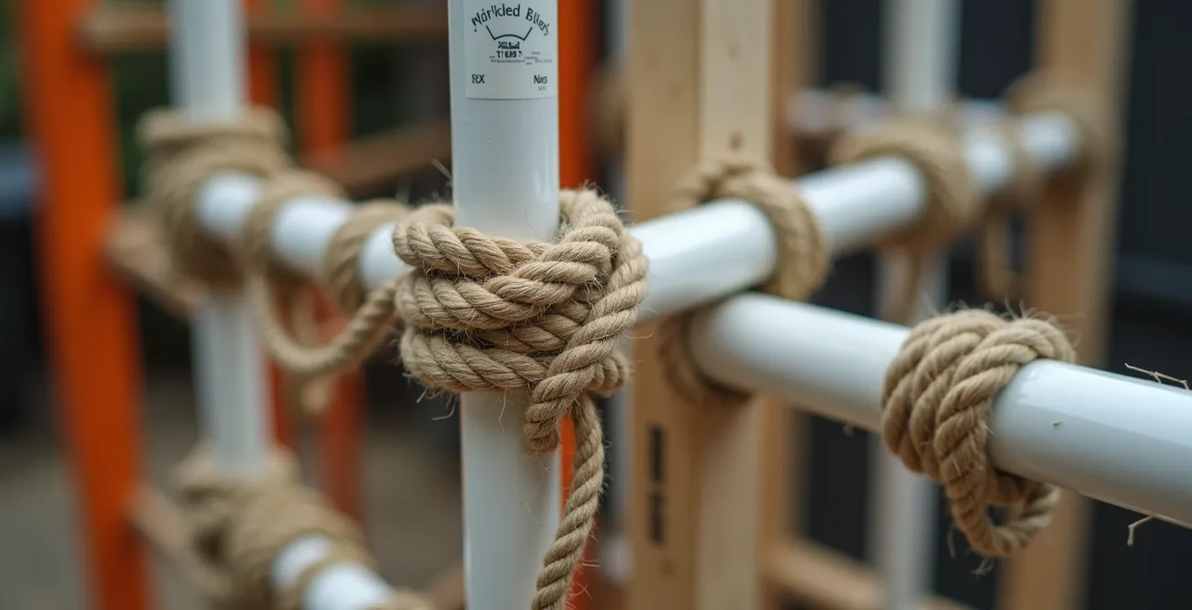 Vue macro détaillée de cordes et tubes PVC assemblés pour créer un parcours d'agilité