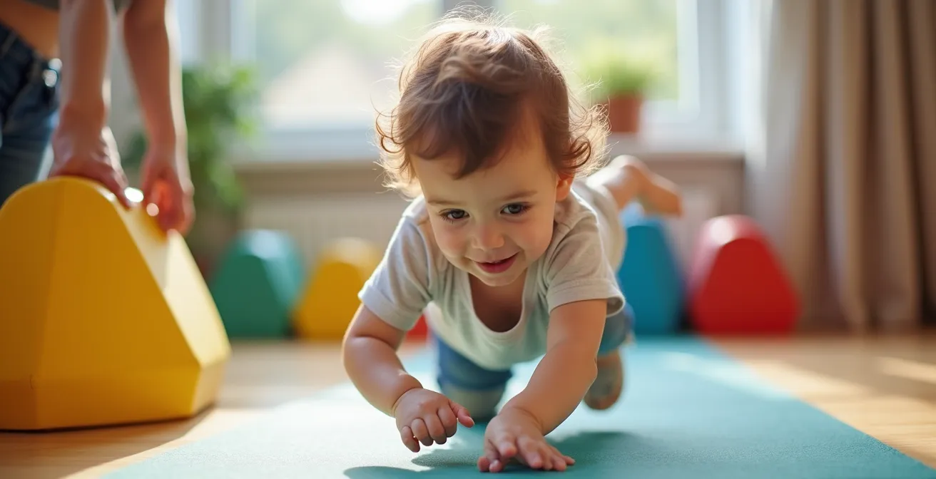 Jeune enfant franchissant un petit tunnel coloré dans un parcours adapté