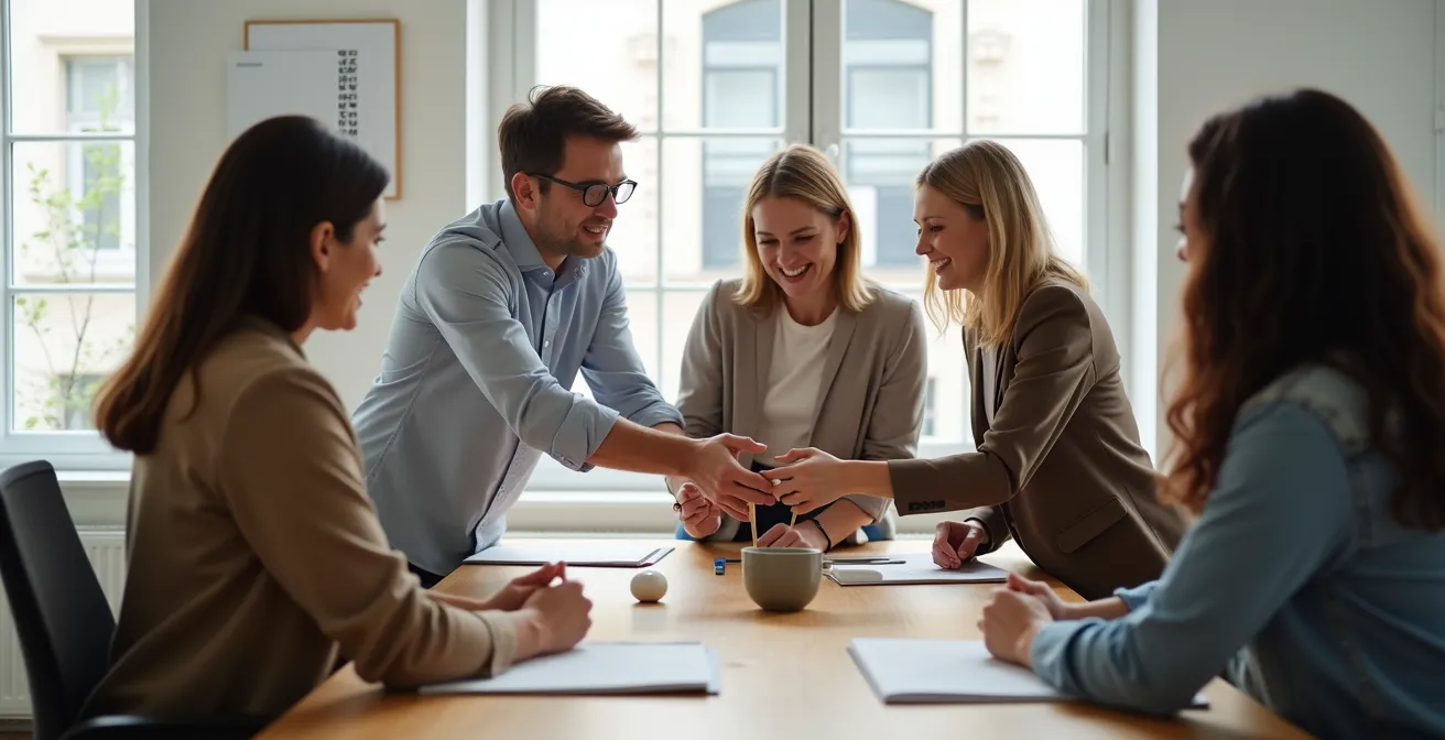 Groupe d'adultes en cercle se passant délicatement une cuillère lors d'un exercice de team-building