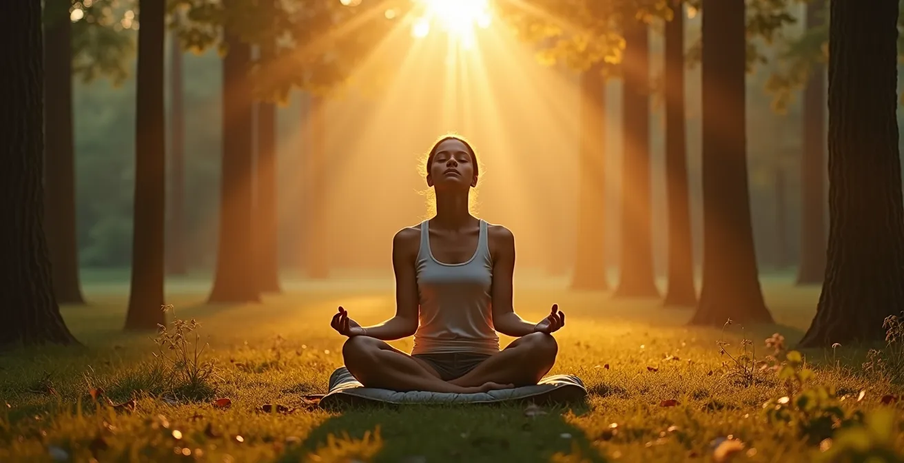 Personne assise en méditation dans une clairière forestière baignée par la lumière dorée de l'aube
