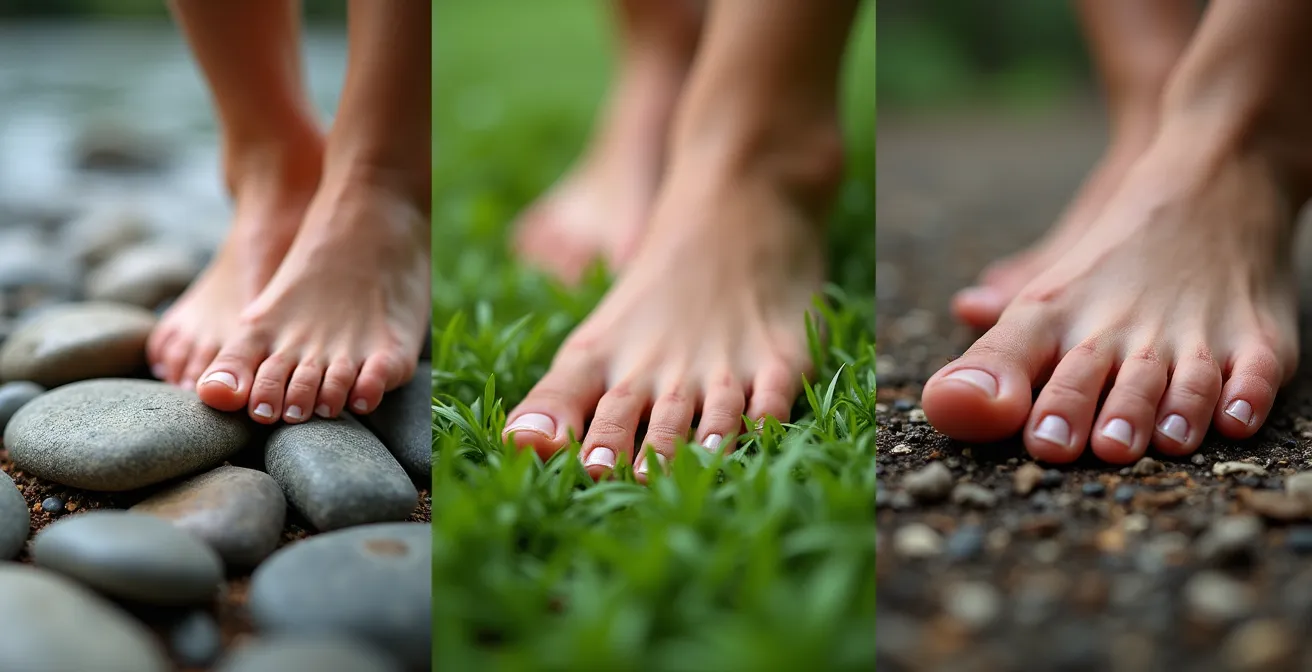 Gros plan sur des pieds nus sur différentes textures naturelles