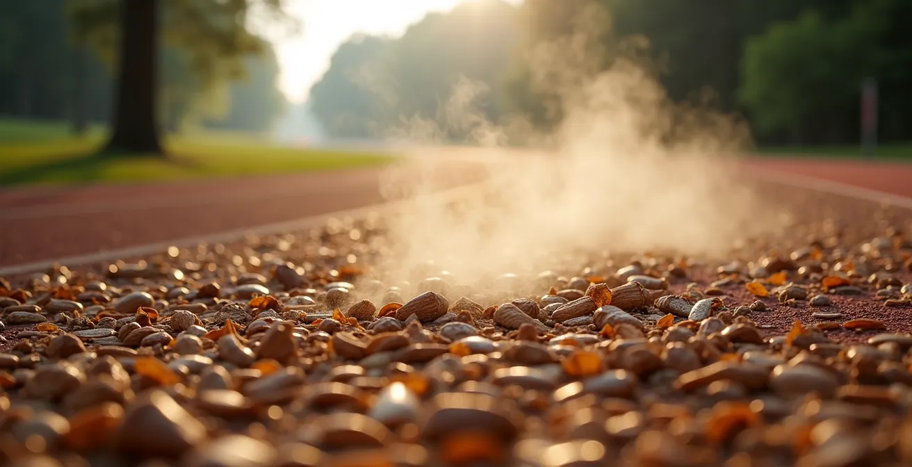 Gros plan sur la texture moelleuse des copeaux de bois d'une piste finlandaise