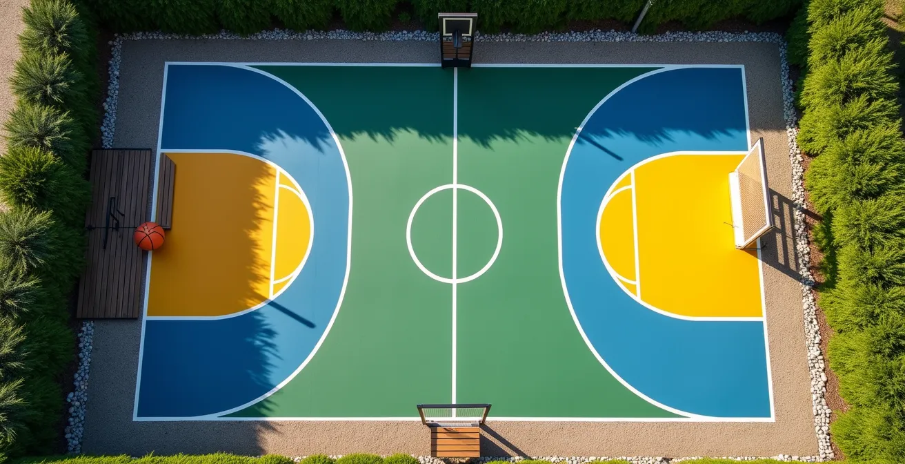 Vue en plongée d'un terrain multi-sports compact avec équipements modulables et marquages superposés dans trois couleurs distinctes