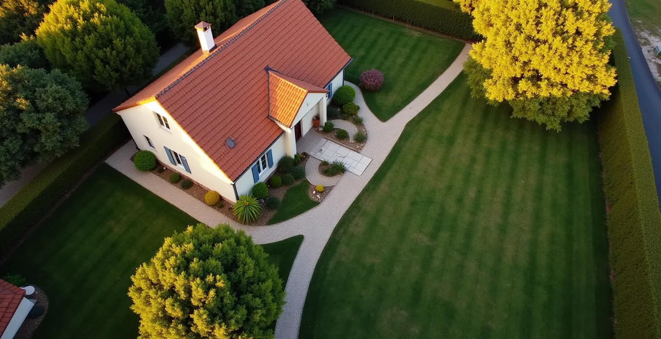 Vue aérienne d'un jardin français montrant l'emplacement optimal d'une cabane avec annotations sur les flux et contraintes