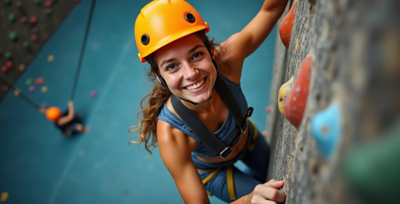 Personne en train de grimper sur un mur d'escalade intérieur avec équipement de sécurité coloré