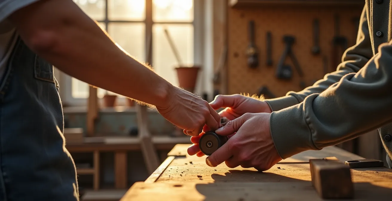 Scène chaleureuse d'un grand-père et son petit-fils réparant ensemble un objet ancien dans un atelier