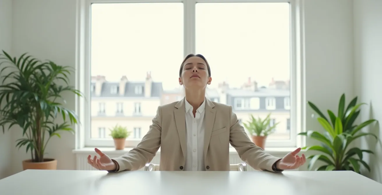 Personne vue de profil en train de respirer profondément dans un environnement de bureau minimaliste avec lumière naturelle