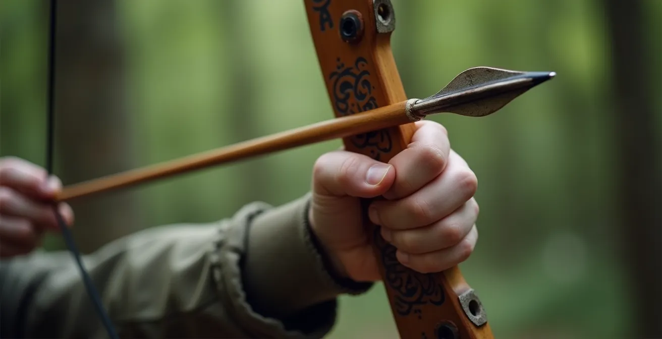 Macro photographique de mains tenant un arc en position de tir, montrant la précision et la concentration nécessaires aux sports méditatifs