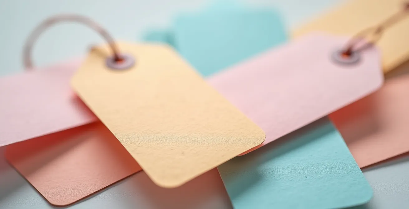 Vue macro d'étiquettes floues symbolisant le processus mental d'étiquetage des pensées