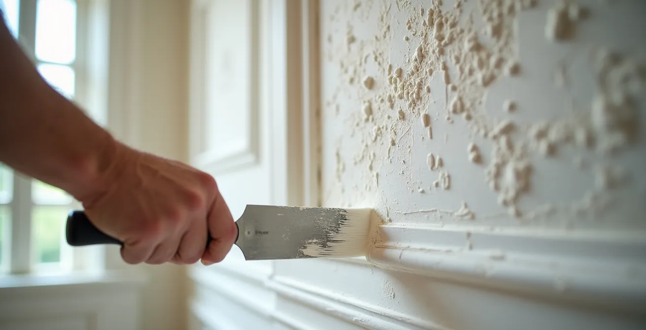 Gros plan sur des mains appliquant de l'enduit sur un mur avec une spatule