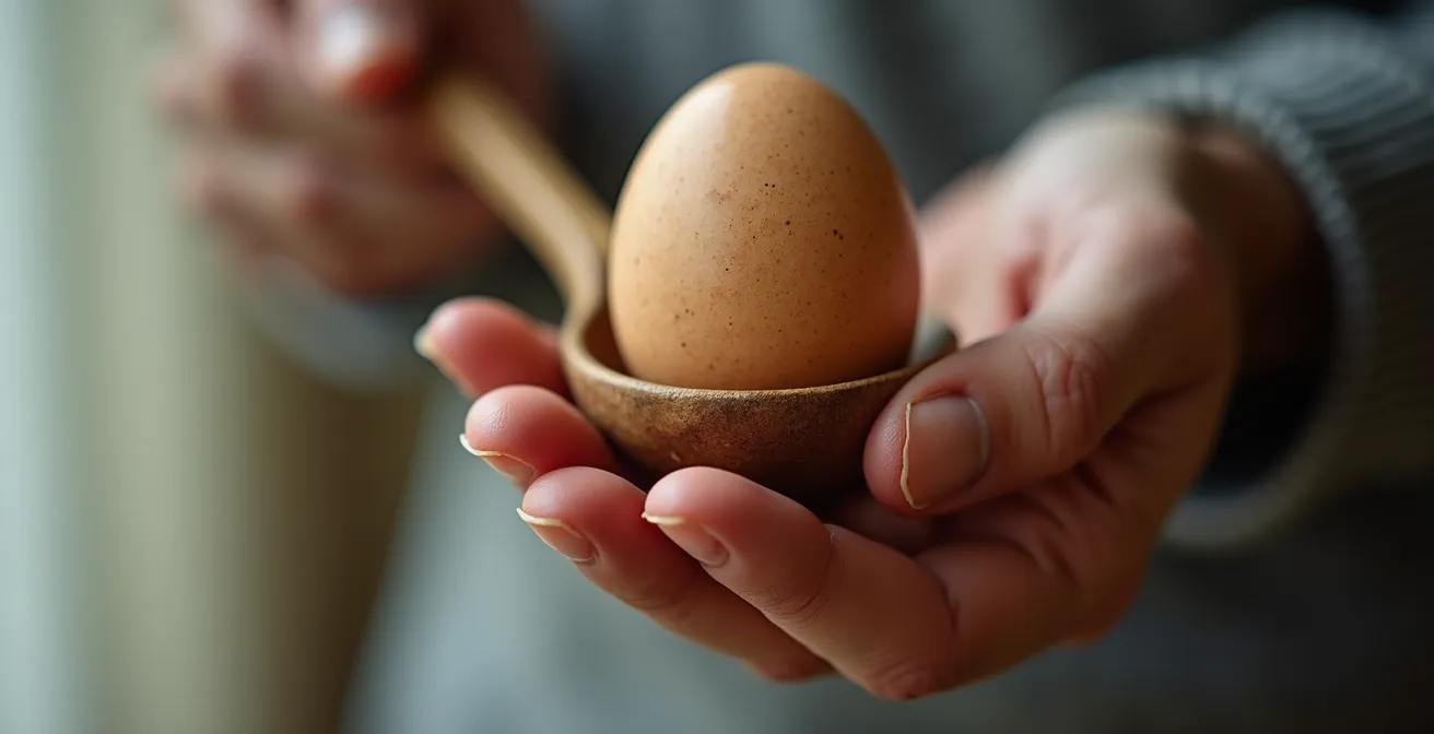 Gros plan macro sur une main tenant délicatement une cuillère avec un œuf coloré, texture bois visible