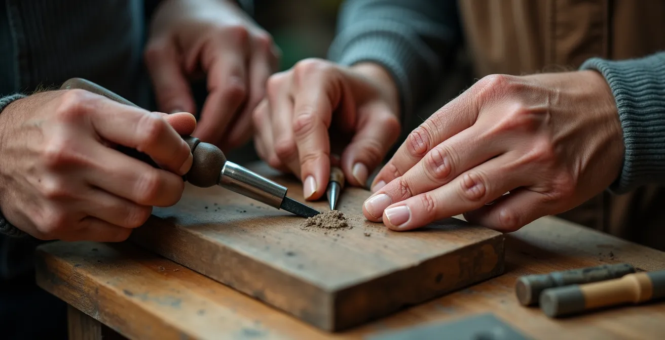 Trois générations travaillant ensemble à la réparation d'un objet ancien dans un atelier lumineux