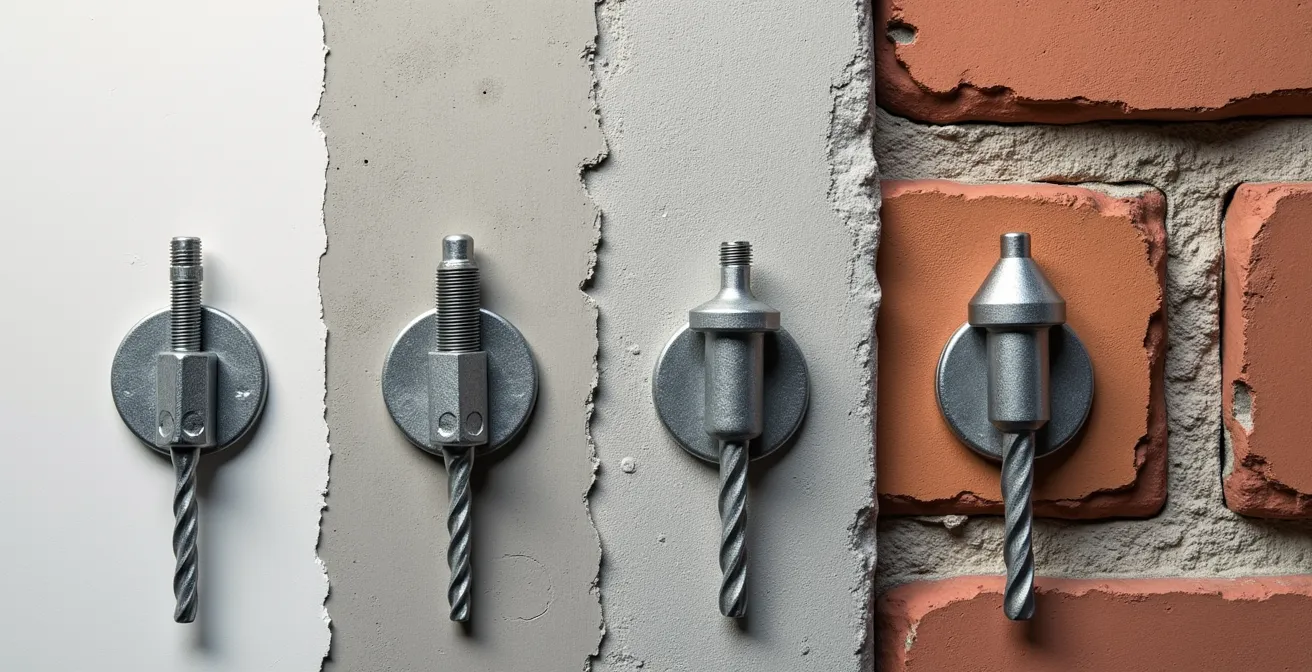 Gros plan macro sur différents types de chevilles disposées sur surface de plâtre et béton