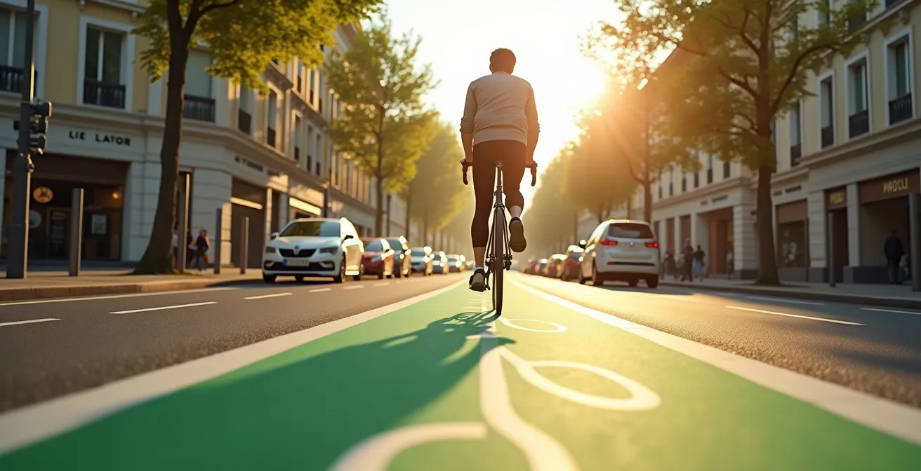 Cycliste sur une piste cyclable en ville avec une architecture typiquement française en arrière-plan.
