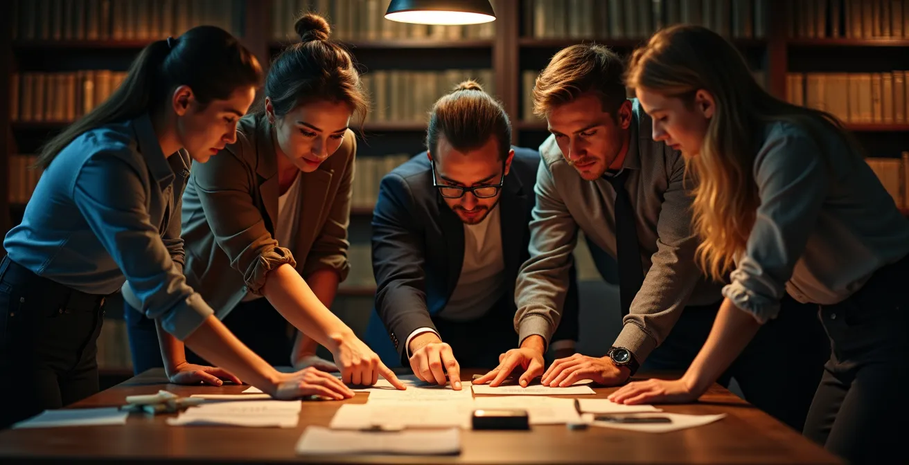 Groupe de personnes penchées autour d'une table examinant des documents avec concentration
