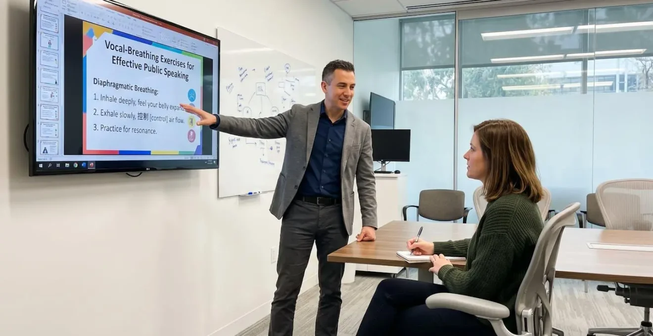 Deux professionnels dans une salle de formation, l'un debout pratiquant un geste de présentation tandis que l'autre observe avec une posture encourageante