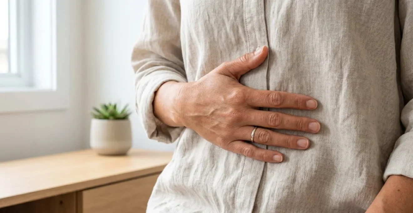 Gros plan sur le torse d'une personne et sa main placée sur le bas de l'abdomen pour vérifier le mouvement du diaphragme